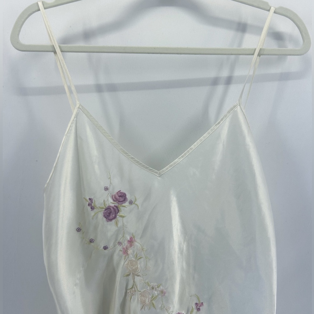 Vintage California Dynasty Ivory Satin Floral Embroidered Mini Slip Dress Med - Picture 2 of 7